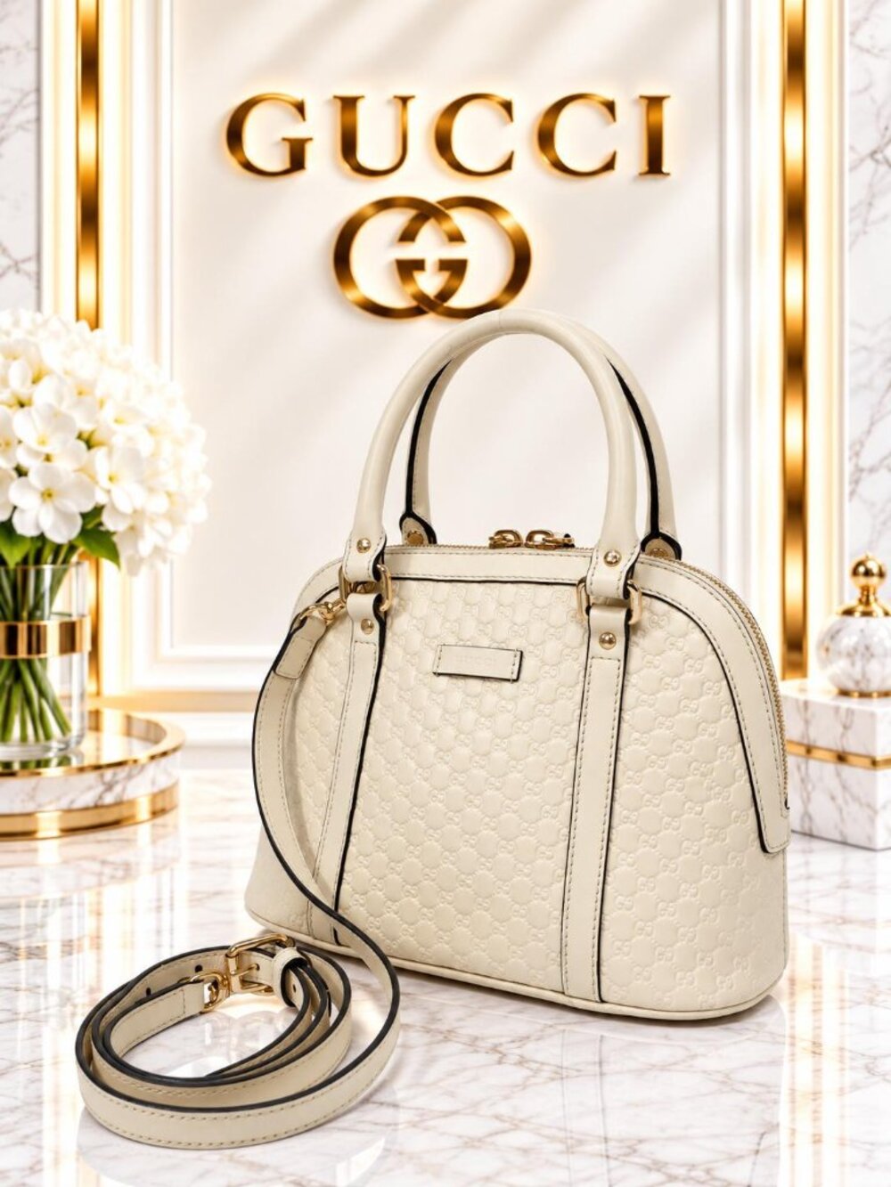 Authentic Gucci Microguccissima Ivory Leather Dome Crossbody Bag